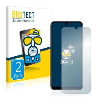 Front side of a product packaging with the brand logo BROTECT. Next to it is the device Huawei P smart 2019 shown with the cor