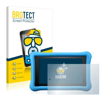 Front side of a product packaging with the brand logo BROTECT. Next to it is the device Amazon Fire HD 8 Kids Edition 2018 (8t