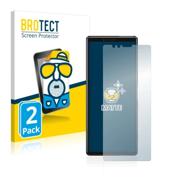 Front side of a product packaging with the brand logo BROTECT. Next to it is the device Sony Xperia 1 shown with the correspon