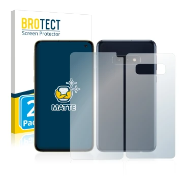 Front side of a product packaging with the brand logo BROTECT. Next to it is the device Samsung Galaxy S10e (Front+Back) shown