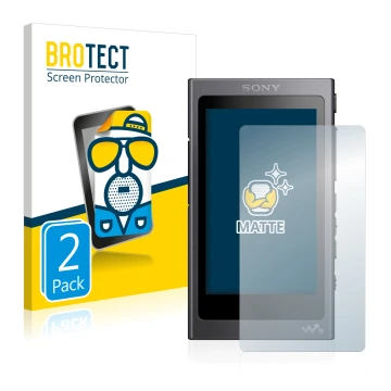 Front side of a product packaging with the brand logo BROTECT. Next to it is the device Sony Walkman A40 shown with the corres