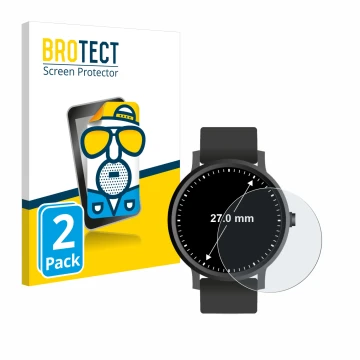 Front side of a product packaging with the brand logo BROTECT. Next to it is the device Circular Displays (ø: 27 mm) shown wit