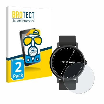 Front side of a product packaging with the brand logo BROTECT. Next to it is the device Circular Displays (ø: 30 mm) shown wit