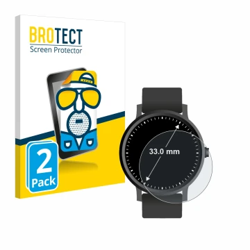 Front side of a product packaging with the brand logo BROTECT. Next to it is the device Circular Displays (ø: 33 mm) shown wit