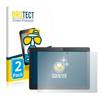 Front side of a product packaging with the brand logo BROTECT. Next to it is the device Lenovo Tab M10 TB-X605F shown with the