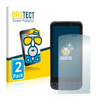 Front side of a product packaging with the brand logo BROTECT. Next to it is the device Newland MT90 Orca shown with the corre