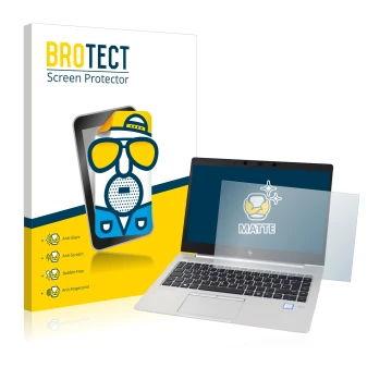Front side of a product packaging with the brand logo BROTECT. Next to it is the device HP EliteBook 830 G5 Non-Touch shown wi