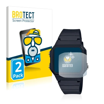 Front side of a product packaging with the brand logo BROTECT. Next to it is the device Casio Unisex A168WA-1YES shown with th