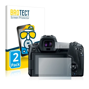 Front side of a product packaging with the brand logo BROTECT. Next to it is the device Canon EOS R shown with the correspondi