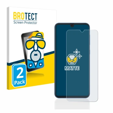 Front side of a product packaging with the brand logo BROTECT. Next to it is the device Samsung Galaxy A50 shown with the corr