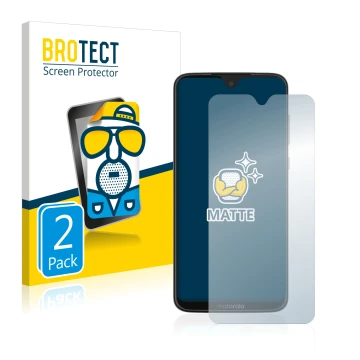 Front side of a product packaging with the brand logo BROTECT. Next to it is the device Motorola Moto G7 Plus shown with the c
