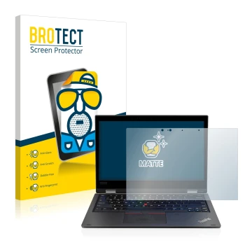 Front side of a product packaging with the brand logo BROTECT. Next to it is the device Lenovo ThinkPad L390 Yoga shown with t