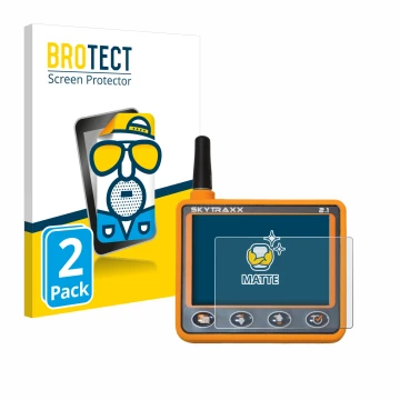 Front side of a product packaging with the brand logo BROTECT. Next to it is the device Skytraxx 2.1 Vario shown with the corr