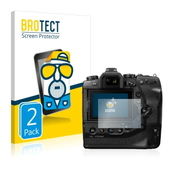 Front side of a product packaging with the brand logo BROTECT. Next to it is the device Olympus OM-D E-M1X shown with the corr