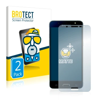 Front side of a product packaging with the brand logo BROTECT. Next to it is the device Samsung Galaxy J5 2016 shown with the 