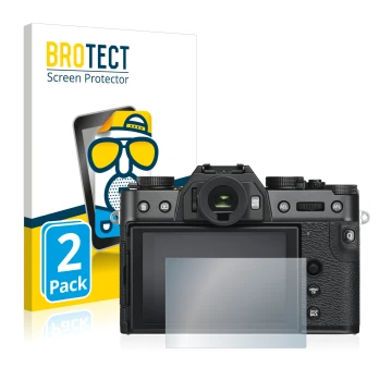 Front side of a product packaging with the brand logo BROTECT. Next to it is the device Fujifilm X-T30 shown with the correspo