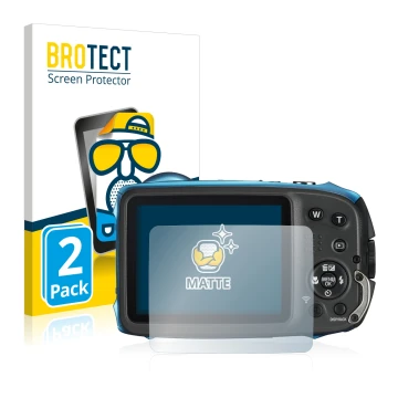 Front side of a product packaging with the brand logo BROTECT. Next to it is the device Fujifilm FinePix XP140 shown with the 