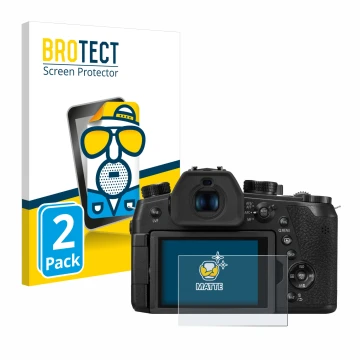 Front side of a product packaging with the brand logo BROTECT. Next to it is the device Panasonic Lumix DC-FZ1000 II shown wit