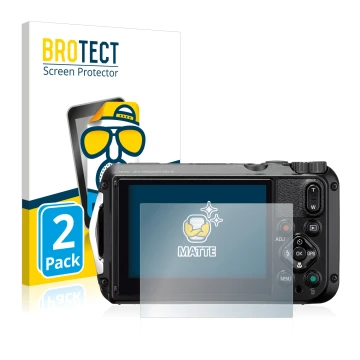 Front side of a product packaging with the brand logo BROTECT. Next to it is the device Ricoh WG-6 shown with the correspondin