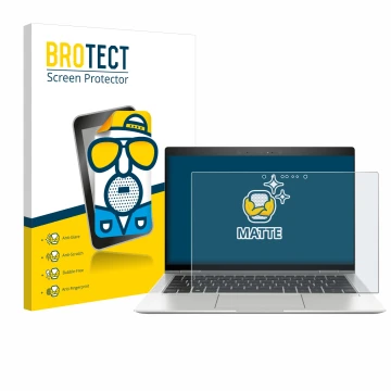 Front side of a product packaging with the brand logo BROTECT. Next to it is the device HP EliteBook x360 1030 G3 shown with t