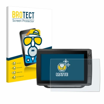 Front side of a product packaging with the brand logo BROTECT. Next to it is the device Garmin ECHOMAP Ultra 122sv shown with 