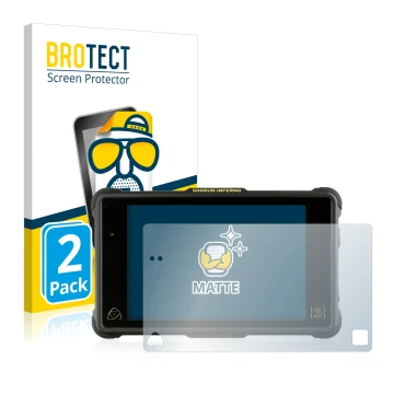 Front side of a product packaging with the brand logo BROTECT. Next to it is the device Atomos Shogun Inferno shown with the c