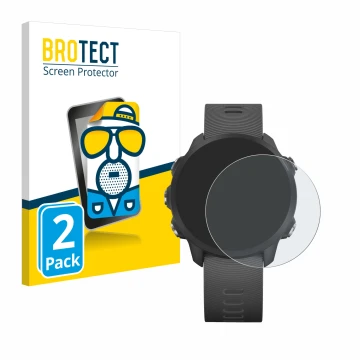 Front side of a product packaging with the brand logo BROTECT. Next to it is the device Garmin Forerunner 245 Music shown with
