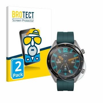 Front side of a product packaging with the brand logo BROTECT. Next to it is the device Huawei Watch GT Active shown with the 
