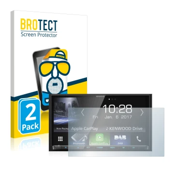 Front side of a product packaging with the brand logo BROTECT. Next to it is the device Kenwood DMX7017DABS shown with the cor