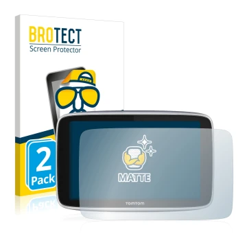 Front side of a product packaging with the brand logo BROTECT. Next to it is the device TomTom GO Premium X shown with the cor