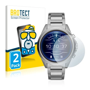 Front side of a product packaging with the brand logo BROTECT. Next to it is the device Emporio Armani Connected Exchange AXT2