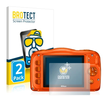 Front side of a product packaging with the brand logo BROTECT. Next to it is the device Nikon Coolpix W150 shown with the corr