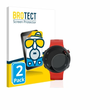 Front side of a product packaging with the brand logo BROTECT. Next to it is the device Garmin Forerunner 45 shown with the co