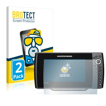 Front side of a product packaging with the brand logo BROTECT. Next to it is the device Humminbird Helix 9 G3N shown with the 