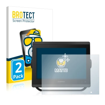 Front side of a product packaging with the brand logo BROTECT. Next to it is the device Garmin GPSMAP 8410xsv shown with the c