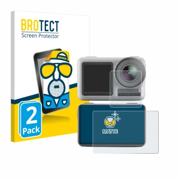 Front side of a product packaging with the brand logo BROTECT. Next to it is the device DJI Osmo Action shown with the corresp