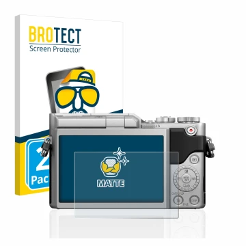 Front side of a product packaging with the brand logo BROTECT. Next to it is the device Panasonic Lumix DC-GX880 shown with th
