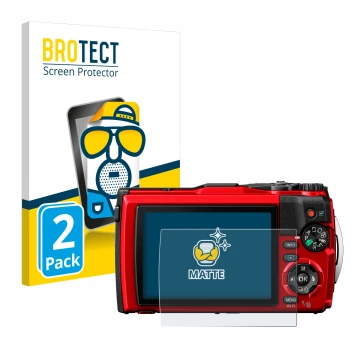 Front side of a product packaging with the brand logo BROTECT. Next to it is the device Olympus Tough TG-6 shown with the corr