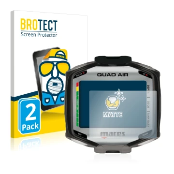 Front side of a product packaging with the brand logo BROTECT. Next to it is the device Mares Quad Air shown with the correspo