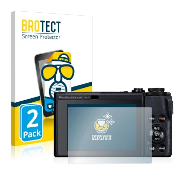 Front side of a product packaging with the brand logo BROTECT. Next to it is the device Canon PowerShot G5 X Mark II shown wit