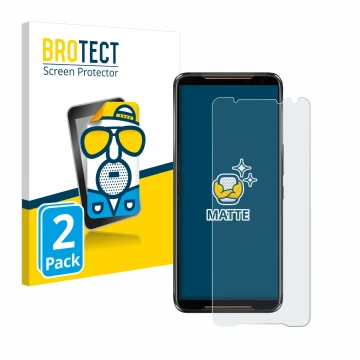 Front side of a product packaging with the brand logo BROTECT. Next to it is the device ASUS ROG Phone 2 shown with the corres