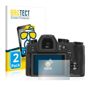 Front side of a product packaging with the brand logo BROTECT. Next to it is the device Leica V-LUX 5 shown with the correspon