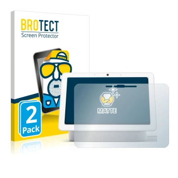 Front side of a product packaging with the brand logo BROTECT. Next to it is the device Google Nest Hub Max shown with the cor