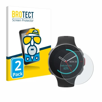 Front side of a product packaging with the brand logo BROTECT. Next to it is the device Polar Vantage V Titan shown with the c