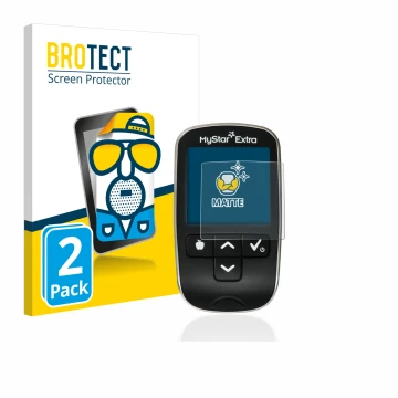 Front side of a product packaging with the brand logo BROTECT. Next to it is the device Sanofi MyStar Extra shown with the cor