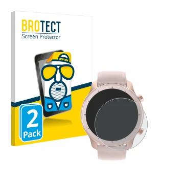 Front side of a product packaging with the brand logo BROTECT. Next to it is the device Huami Amazfit GTR (42 mm) shown with t