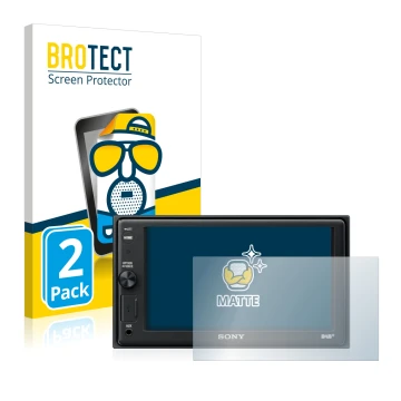 Front side of a product packaging with the brand logo BROTECT. Next to it is the device Sony XAV-AX1005DB shown with the corre