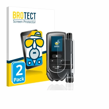 Front side of a product packaging with the brand logo BROTECT. Next to it is the device Accu-Chek Mobile shown with the corres