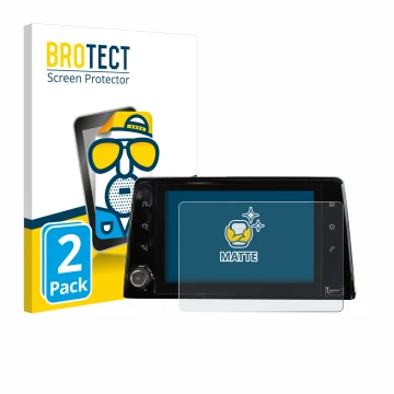 Front side of a product packaging with the brand logo BROTECT. Next to it is the device Peugeot Rifter 2019 Infotainment Syste