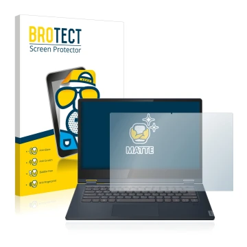 Front side of a product packaging with the brand logo BROTECT. Next to it is the device Lenovo IdeaPad C340 14